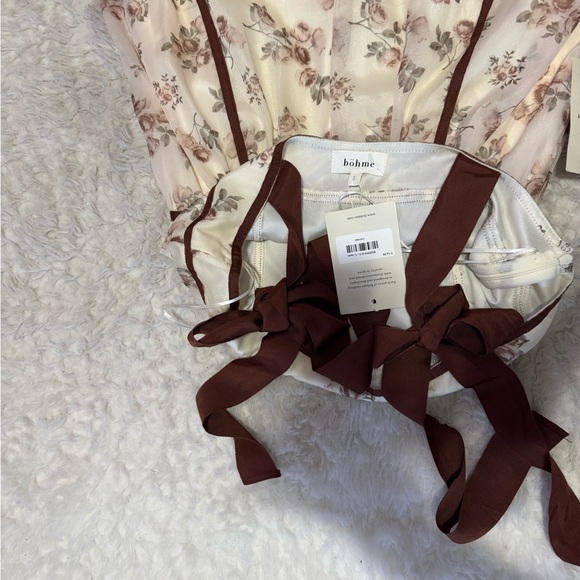 Bohme Cream with Print Floral Midi Dress  Tight Straps with Brown Trim - Picture 9 of 10
